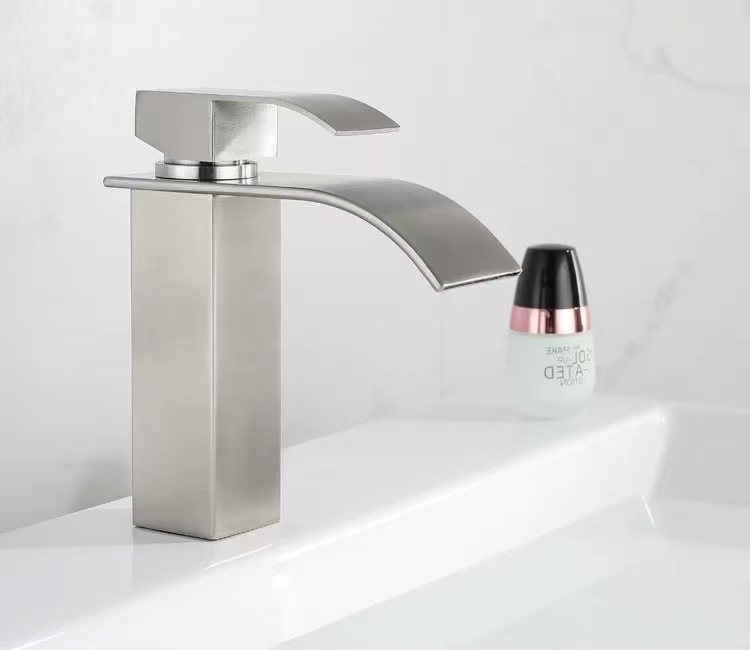 Brushed Square Waterfall-Style Washbasin Faucet